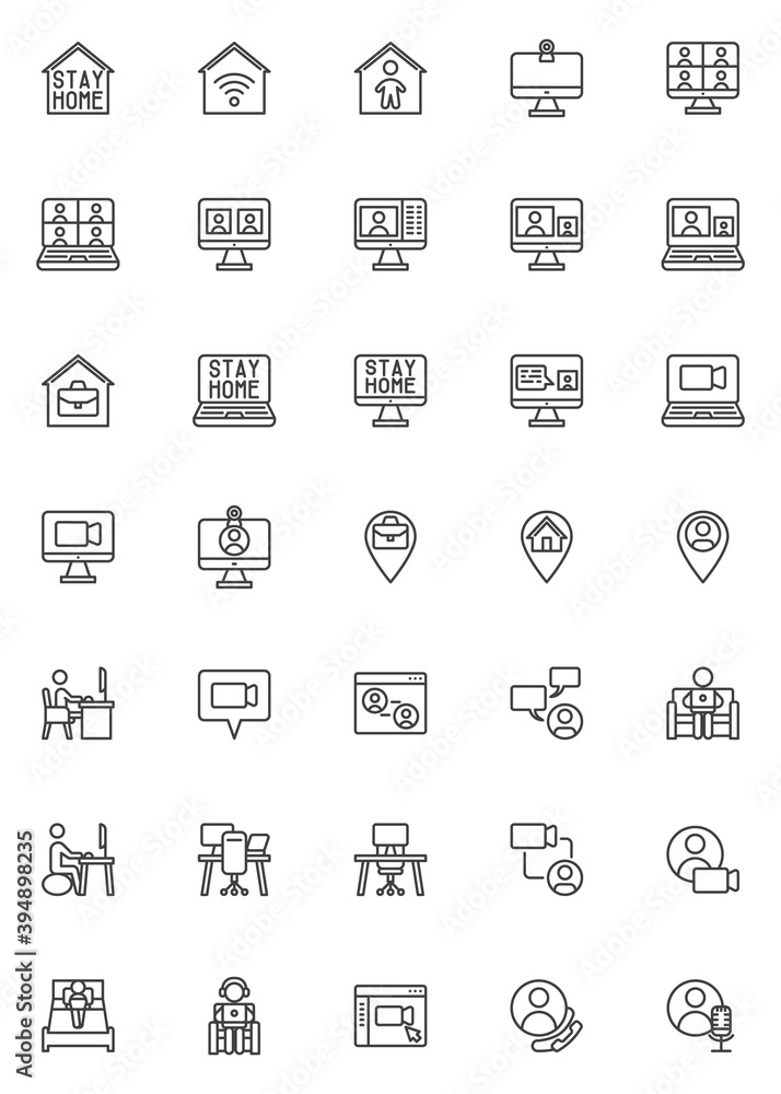 Working at home line icons set. linear style symbols collection, outline signs pack. vector graphics. Set includes icons as coworking space, home office, freelance people, online video conference Working at home line icons set. linear style symbols collection, outline signs pack. vector graphics. Set includes icons as coworking space, home office, freelance people, online video conference