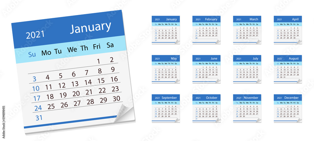 Set Calendar sheet , year 2021. Vector Illustration. page with a calendar for the month. Set Calendar sheet , year 2021. Vector Illustration. page with a calendar for the month.