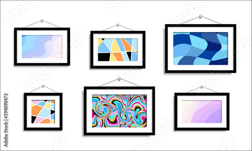 Abstract paintings hang on the wall. Abstract art in a gallery on a white background. Set vector color abstract picture isolated.