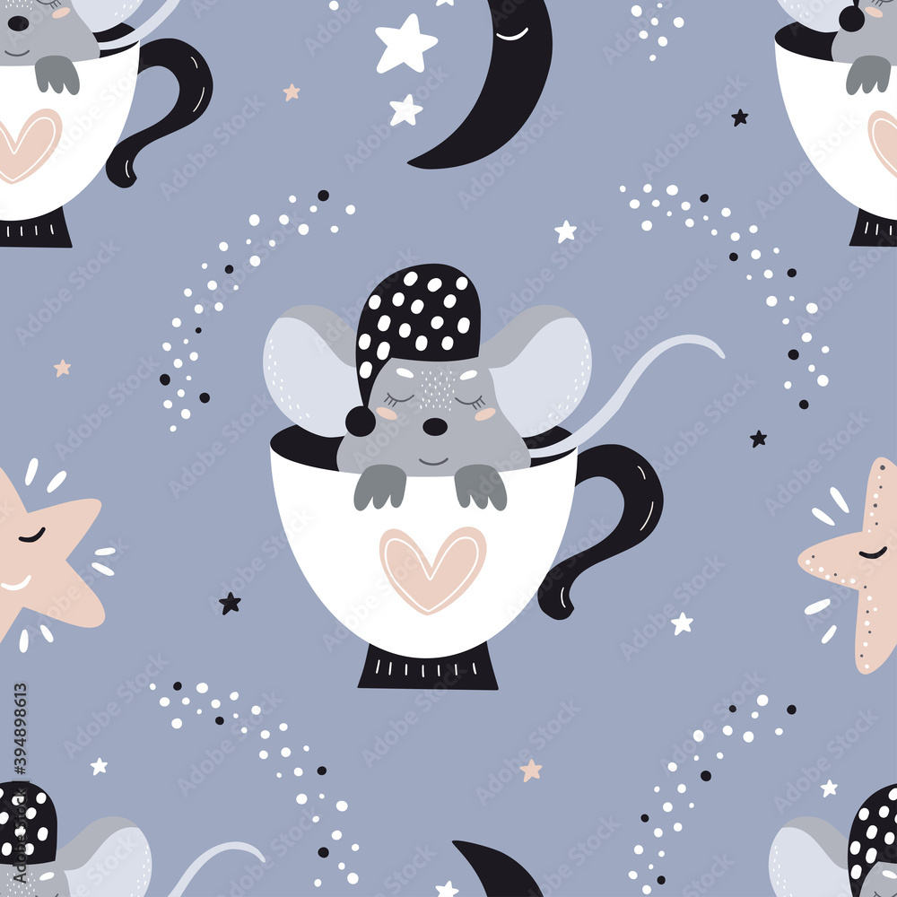 Fototapeta premium Seamless children's background with a mouse. Baby textures for fabrics, packaging, textiles, wallpaper, clothing. Cartoon vector illustration.