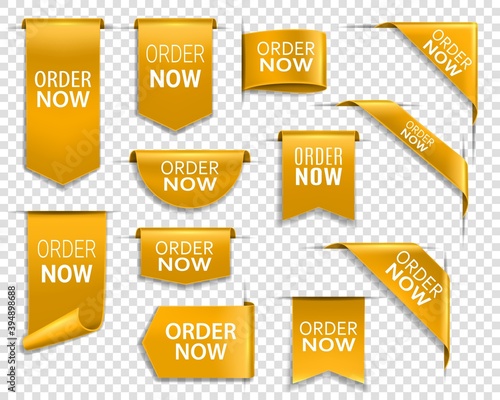 Order now gold banners, isolated 3d vector icons or labels. Bookmarks design elements. Realistic ribbons, corners, discount silk yellow promotional event shopping flags, golden tags business badges