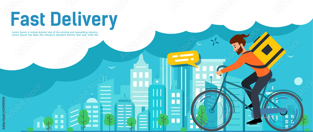 Fast Delivery order. Delivery guy walking around city on Bicycle. Blue horizontal Banner fast delivery food. Template layout poster or web. Vector illustration. Fast Delivery order. Delivery guy walking around city on Bicycle. Blue horizontal Banner fast delivery food. Template layout poster or web. Vector illustration.