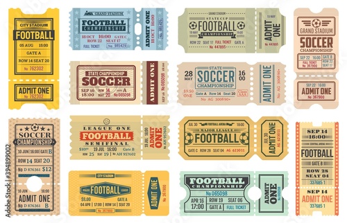 Football, soccer championship game retro tickets. Sport competition cup, football league tournament and sport arena or stadium entrance pass vector template with soccer ball and tear off perforation