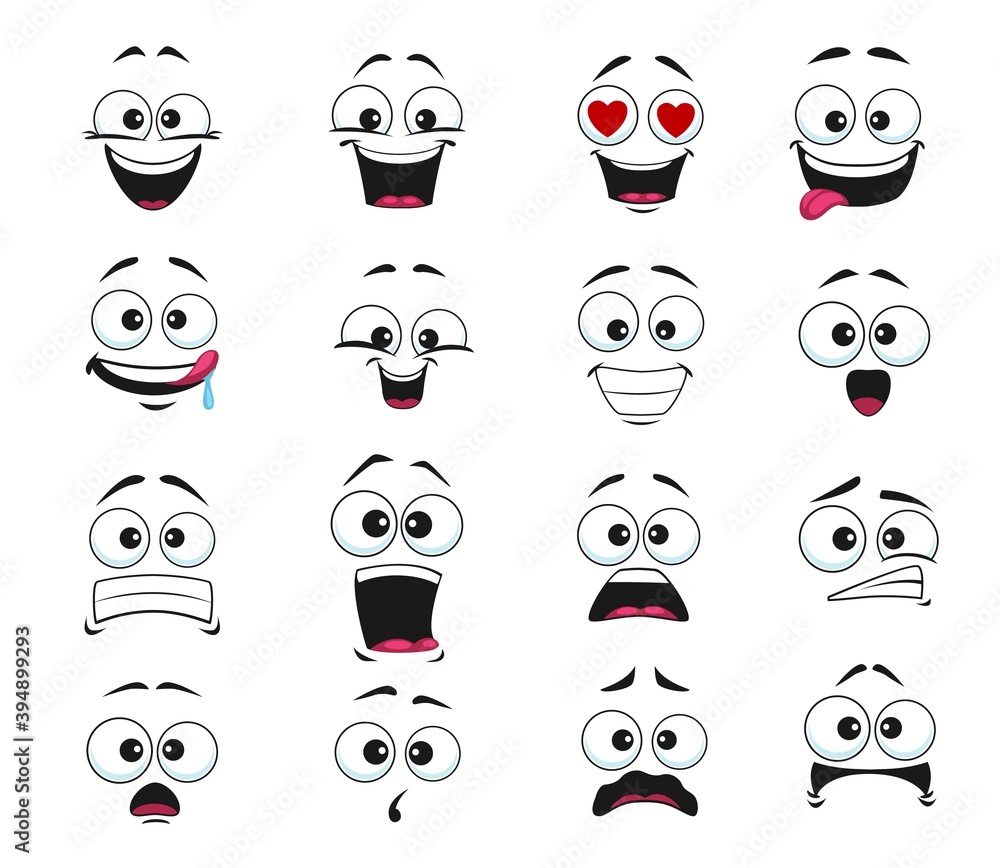 Cartoon face expression isolated vector icons, funny emoji fall in love, scared and shocked or licking lips. Facial feelings smile, laughing and yelling, surprised, toothy and upset emoticons set Cartoon face expression isolated vector icons, funny emoji fall in love, scared and shocked or licking lips. Facial feelings smile, laughing and yelling, surprised, toothy and upset emoticons set
