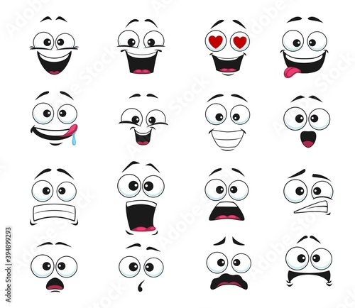 Cartoon face expression isolated vector icons, funny emoji fall in love, scared and shocked or licking lips. Facial feelings smile, laughing and yelling, surprised, toothy and upset emoticons set