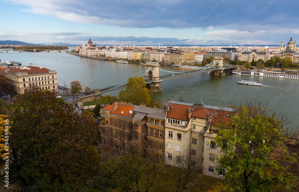 Panorama with Chain Bridge and Parliament of Budapest outdoors.