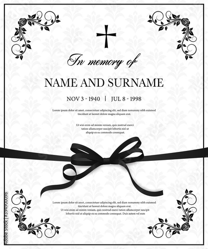 Funeral vector card with vintage condolence flower ornamental flourishes, christian cross, black mourning ribbon, name, birth and death dates place. Obituary memorial decorative funereal card template photo