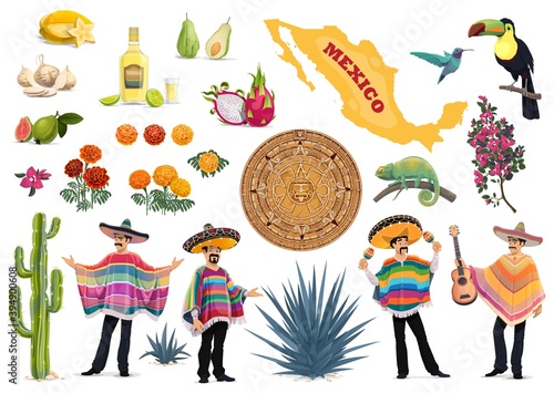 Mexico vector set with Mexican food, culture and travel symbols. Cactus, guitar, sombrero and tequila, Mexican men with poncho, maracas, map, aztec sun stone and agave, toucan and hummingbird