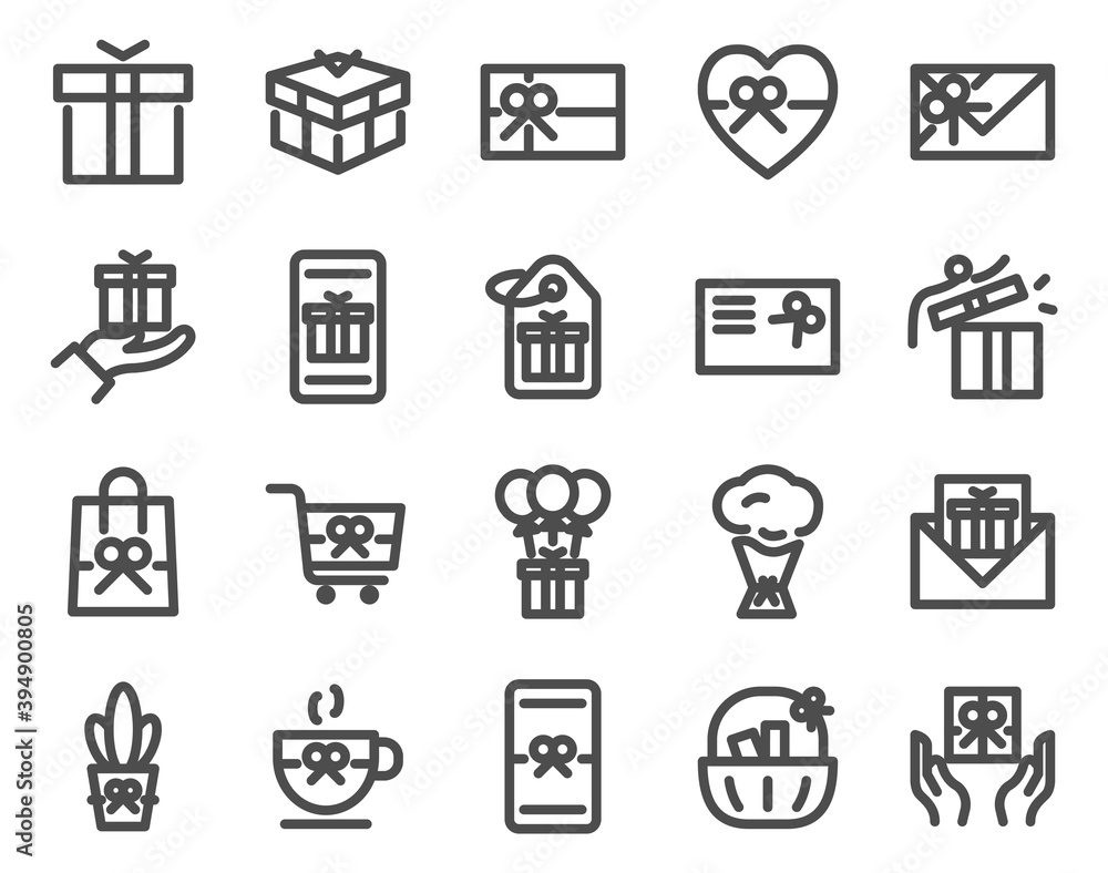 Gifts outline icons set. Different types gift icons.