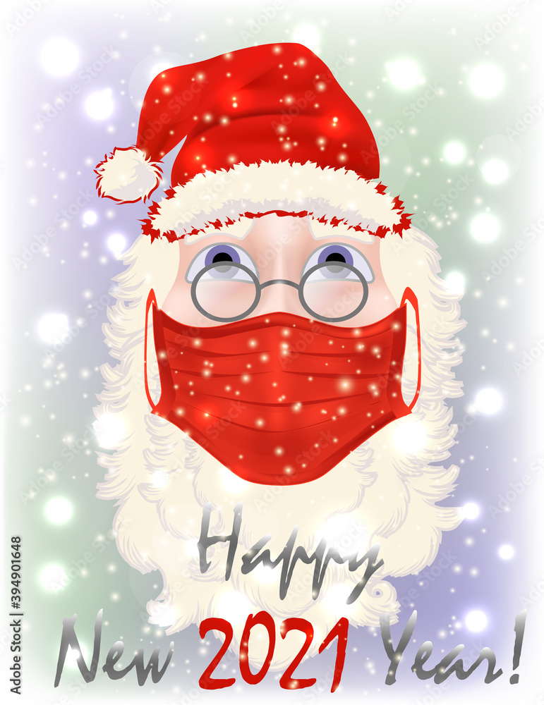 New 2021 Year card with Santa Claus medical mask, vector illustration New 2021 Year card with Santa Claus medical mask, vector illustration