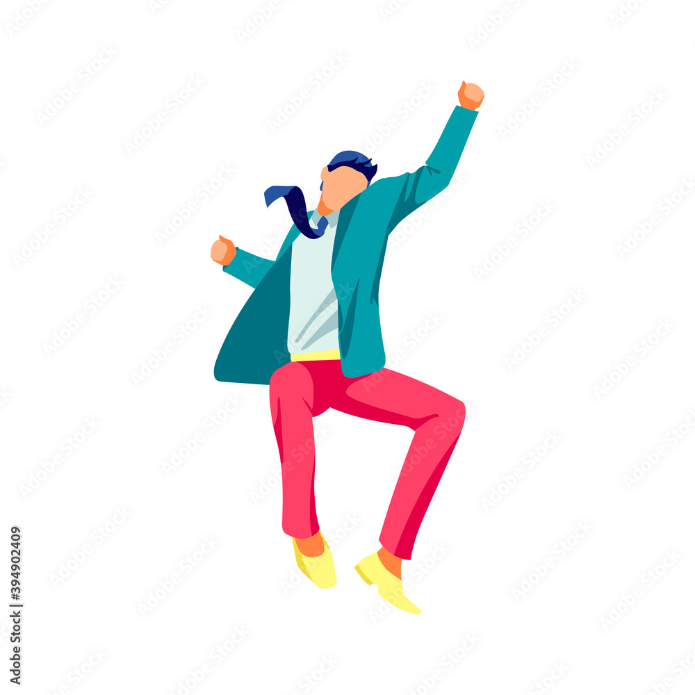Excited guy happily jumping up. Emotional teenage boy celebrating victory, enjoying freedom. Happiness, rejoice and fun concept cartoon vector illustration isolated on white background