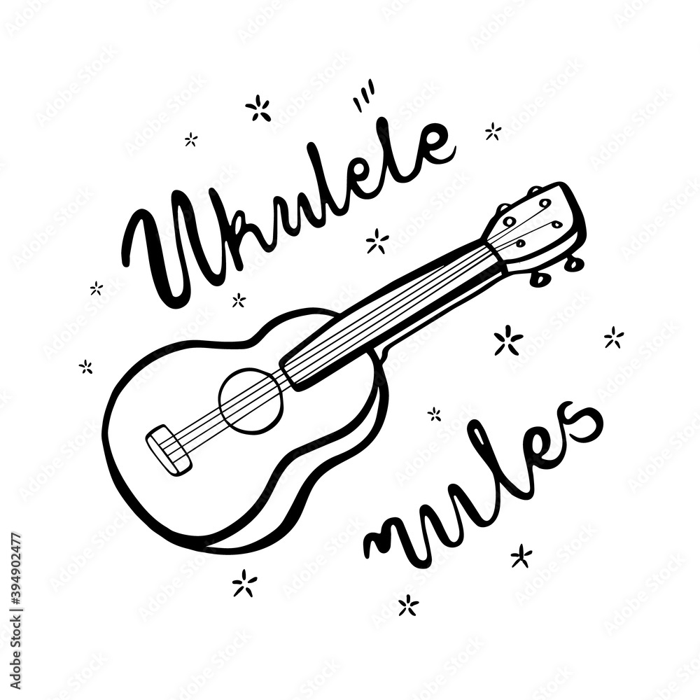 Ukulele and lettering Ukulele rules. Ink sketch illustration isolated