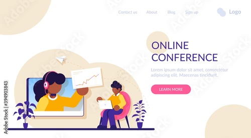 Online business conference concept. Webinar and employees training. Distance education, video tutorial. Meeting and negotiations, partners. Modern flat illustration.