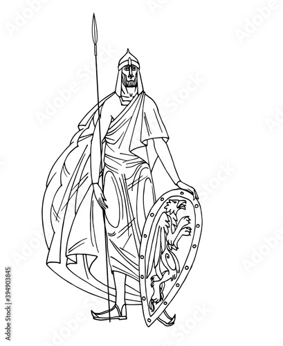 Russian medieval knight in armor & cloak, ancient warrior, spearmen with shield, vector illustration with black ink contour lines isolated on a white background in cartoon & hand drawing style