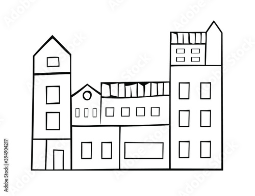 Illustration of a child's toy. Large multi-storey building. Pyramid. Hand-drawn. Vector