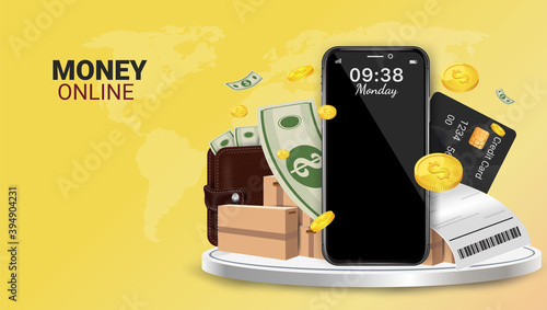 Money online on mobile phone, Capital flow, earning or making money. Financial savings.Money online. Wallet online. Pay online. Financial business. Spending money via mobile phone. Mobile shopping.