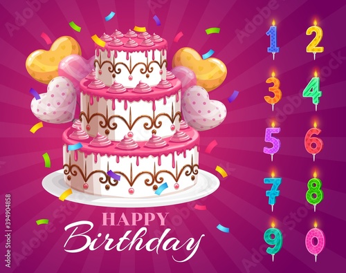 Birthday cake and candles with age numbers from one to zero, vector happy birthday dessert for party celebration. Cupcake, heart shaped balloons and colorful candle digits with light for anniversary