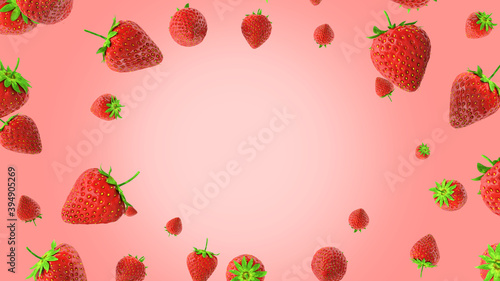 flying strawberrys on pink background 3d rendering 