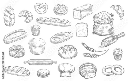 Bakery and pastry shop products sketch vector set. Wheat and rye bread, loaf, challah and baguette, croissant, pretzel and bagel, muffin, cupcake and cookie, rolling pin, toque and flour sack vector