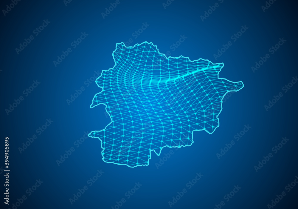 Abstract digital map of andorra with particles dots and line. polygonal network business. Wireframe landscape background. Big Data. 3d futuristic. Global network connection.