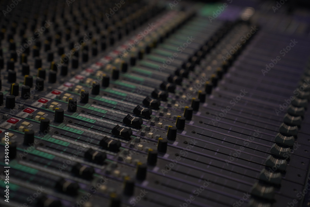 Music recording console, professional equipment, switches, amplifier. High quality photo Music recording console, professional equipment, switches, amplifier. High quality photo