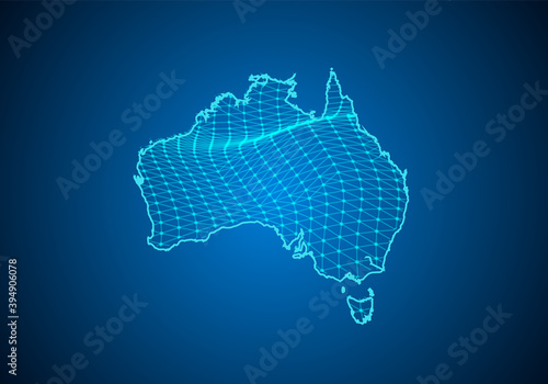 Abstract digital map of australia with particles dots and line. polygonal network business. Wireframe landscape background. Big Data. 3d futuristic. Global network connection.