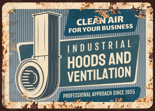 Kitchen hoods and ventilation metal plate rusty vector retro poster. Domestic and industrial kitchen exhausts, stove fan ventilation and smell extractor, kitchen appliances equipment, metal rust plate