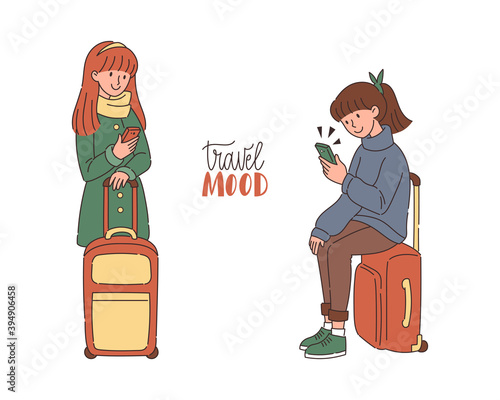 Two young women with baggage looking at smartphones. Flat vector illustration with lettering for advert, poster, or social media. Travel mood, tourist concept with character in cartoon style.