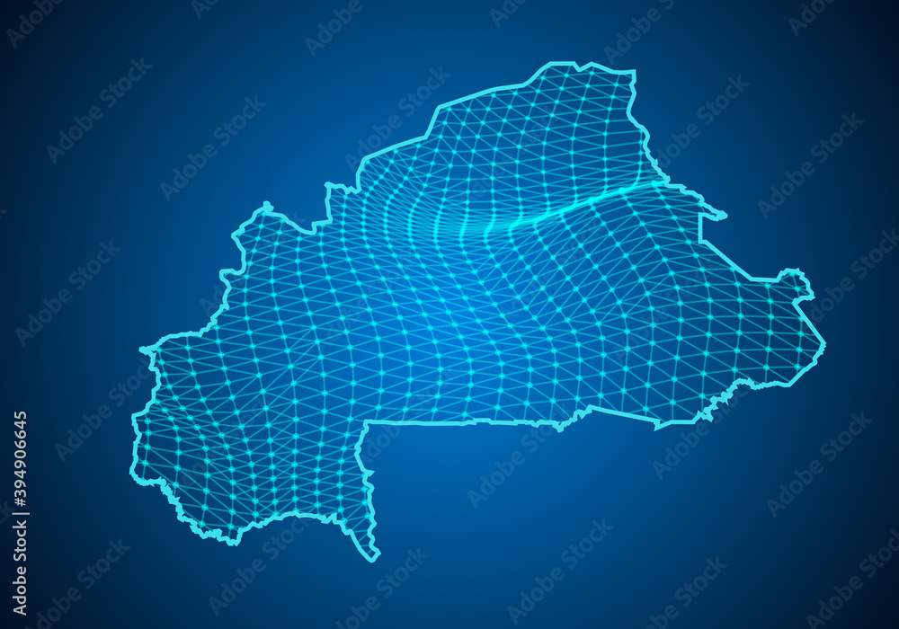 Abstract digital map of burkina Faso with particles dots and line. polygonal network business. Wireframe landscape background. Big Data. 3d futuristic. Global network connection.