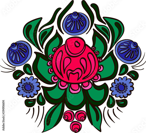 Vector doodle colorful illustration with Russian traditional Gorodets painting.