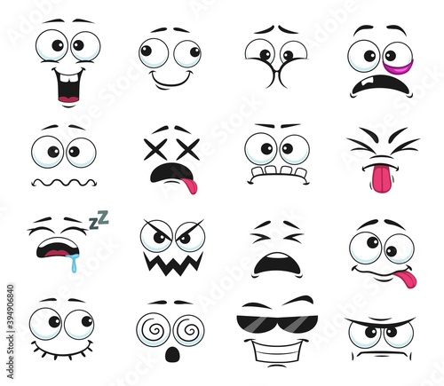 Cartoon face expressions vector icons, funny emoji cool sunglasses, toothy and hypnotized, sleeping, bruise on eye, laughing and sad. Facial emoticon feelings puff out, happy and sad facesisolated set