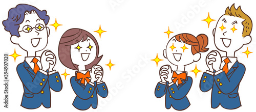 向かい合って祈る青い制服の男女の学生
