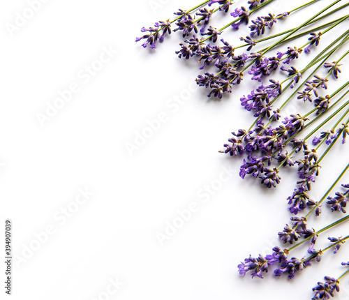 Fresh flowers of lavender bouquet  top view on white background