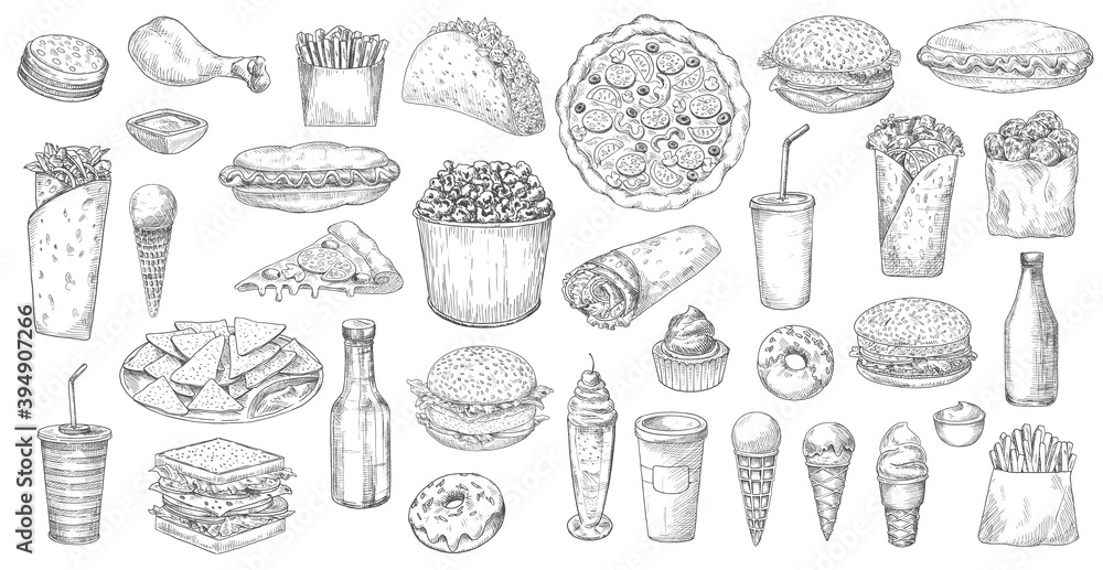 Sketch fast food isolated vector icons pizza, popcorn, nachos and taco with soda drink. Ice cream, donut and cupcake burritos and burger with hot dog and french fries junk meals, street fastfood set Sketch fast food isolated vector icons pizza, popcorn, nachos and taco with soda drink. Ice cream, donut and cupcake burritos and burger with hot dog and french fries junk meals, street fastfood set