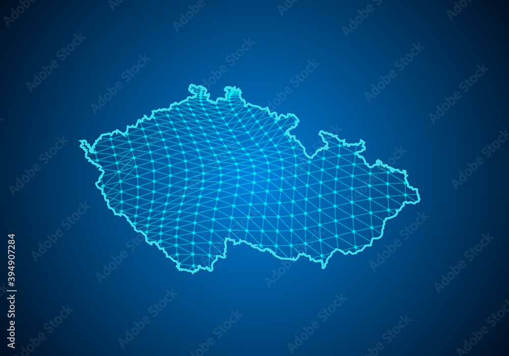 Abstract digital map of czech Republic with particles dots and line. polygonal network business. Wireframe landscape background. Big Data. 3d futuristic. Global network connection.