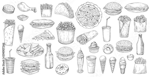 Sketch fast food isolated vector icons pizza, popcorn, nachos and taco with soda drink. Ice cream, donut and cupcake burritos and burger with hot dog and french fries junk meals, street fastfood set