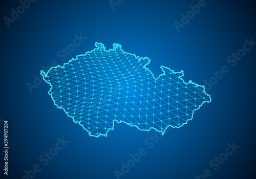 Abstract digital map of czech Republic with particles dots and line. polygonal network business. Wireframe landscape background. Big Data. 3d futuristic. Global network connection.