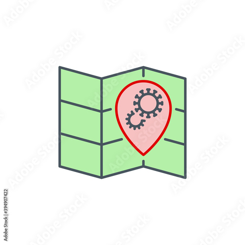 location point coronavirus outbreak on map single line icon isolated on white. Perfect outline symbol Coronavirus Covid 19 pandemic banner. Quality design element with editable Stroke line thickness