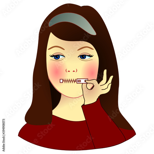 girl keeps his mouth shut by closing the zipper with his hand, funny cartoon character with simplistic facial expression, emoticon vector illustration 
