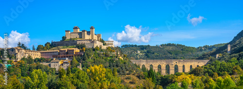 Spoleto, Ponte delle Torri bridge and Rocca Albornoziana fortress. Umbria, Italy. photo