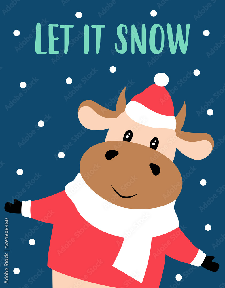 Fototapeta premium christmas card with cute cow, vector illustration