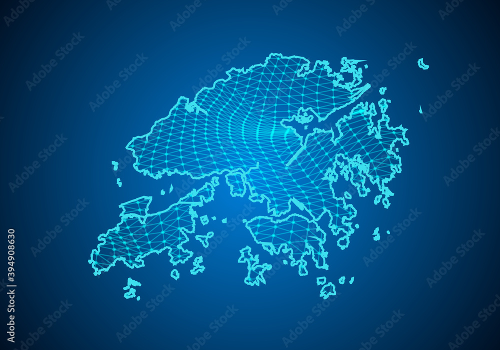 Abstract digital map of hong Kong with particles dots and line. polygonal network business. Wireframe landscape background. Big Data. 3d futuristic. Global network connection.
