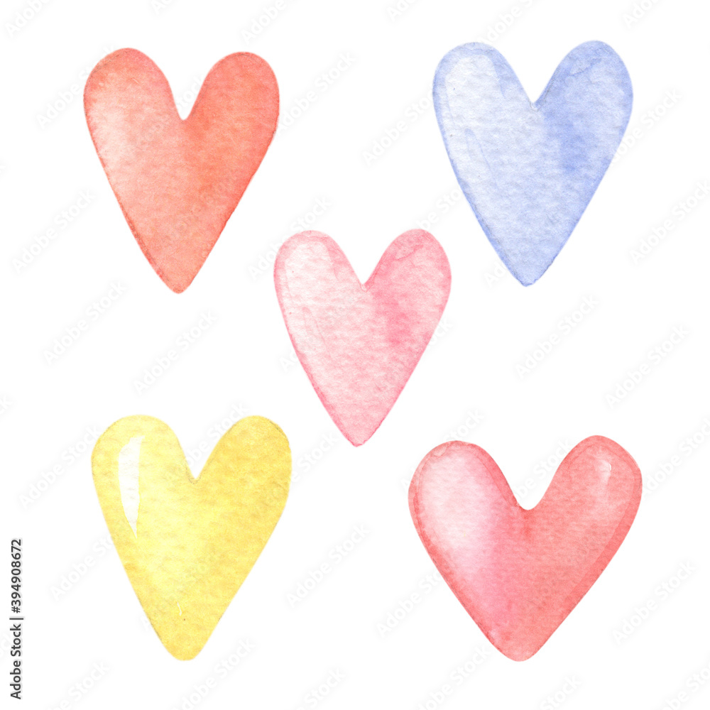 Watercolor set of red,pink,yellow, lilac hearts. Watercolour illustration for Valentine's Day with a symbol of love.Decorative elements for cards