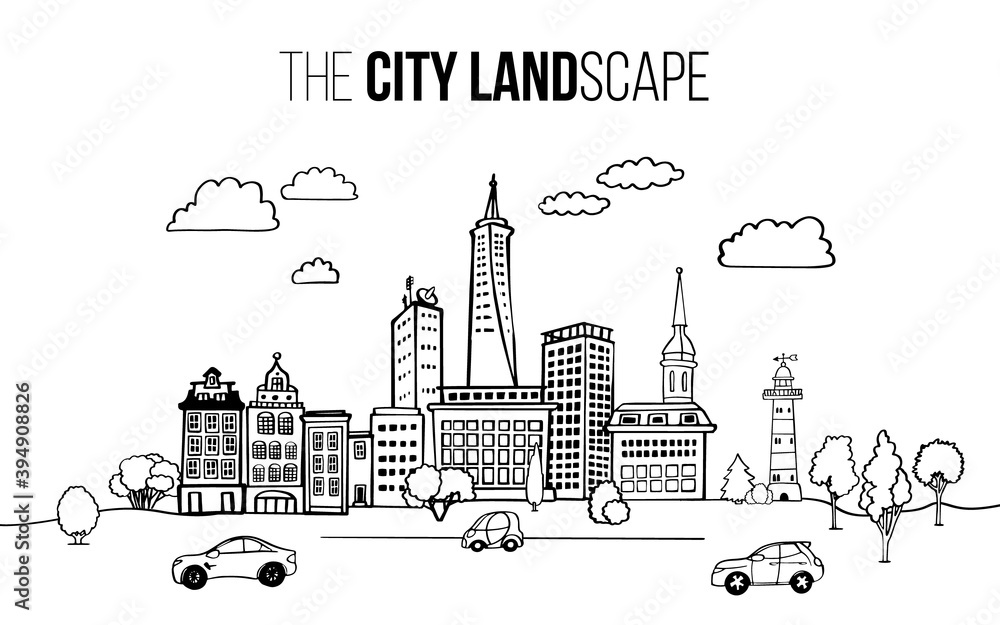 Doodle city sketch. panoramic buildings, lighthouse, tree, car, skyscraper. Vector black line illustration on white background. Cityscape town outline cartoon landscape. Urban street architecture.
