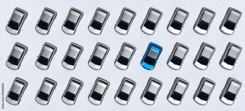 Multiple Gray City Cars, With One Blue Solar Powered Car, Isolated Against White, Direct Over Head View. knolling concept. CGI Rendering, Stock Image. Multiple Gray City Cars, With One Blue Solar Powered Car, Isolated Against White, Direct Over Head View. knolling concept. CGI Rendering, Stock Image.