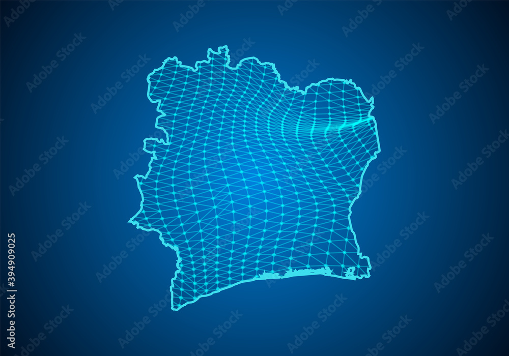 Abstract digital map of ivory Coast with particles dots and line. polygonal network business. Wireframe landscape background. Big Data. 3d futuristic. Global network connection.