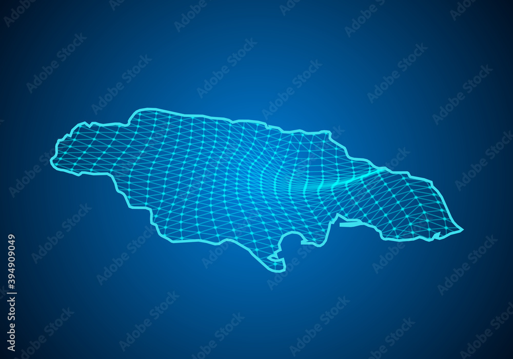 Abstract digital map of jamaica with particles dots and line. polygonal network business. Wireframe landscape background. Big Data. 3d futuristic. Global network connection.