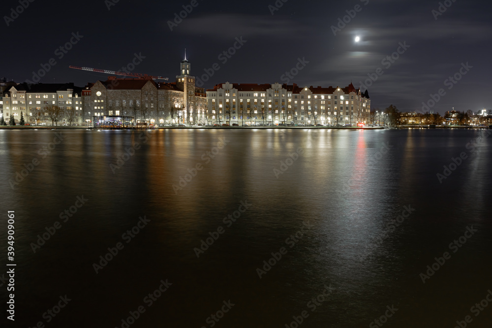 Helsinki, Finland November 22, 2020 Night landscape of the city and the waterfront.