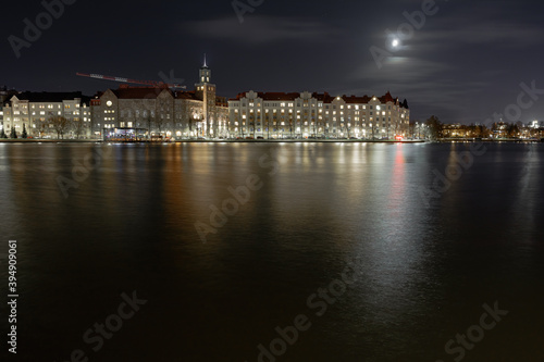 Helsinki, Finland November 22, 2020 Night landscape of the city and the waterfront.