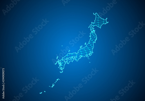 Abstract digital map of japan with particles dots and line. polygonal network business. Wireframe landscape background. Big Data. 3d futuristic. Global network connection.